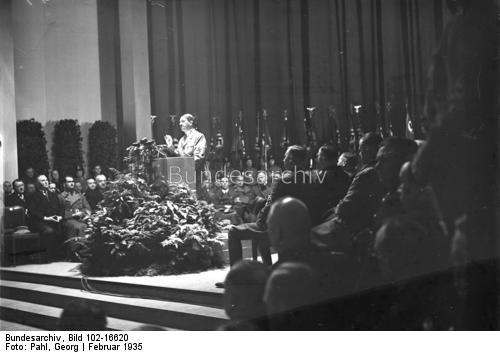 Adolf Hitler makes a speech for the opening of the 1935 international motor show